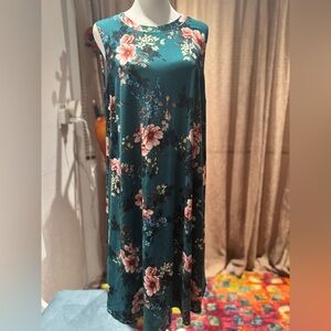 1X Sleeveless Dress - Emerald Green and Pink Floral
